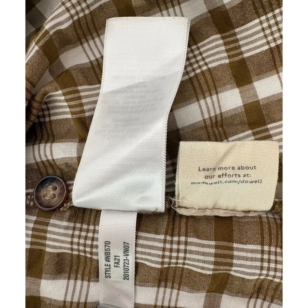 Madewell Plaid Puff Sleeve V Neck Button Front‎ Blouse Top Size 4 Brown White
